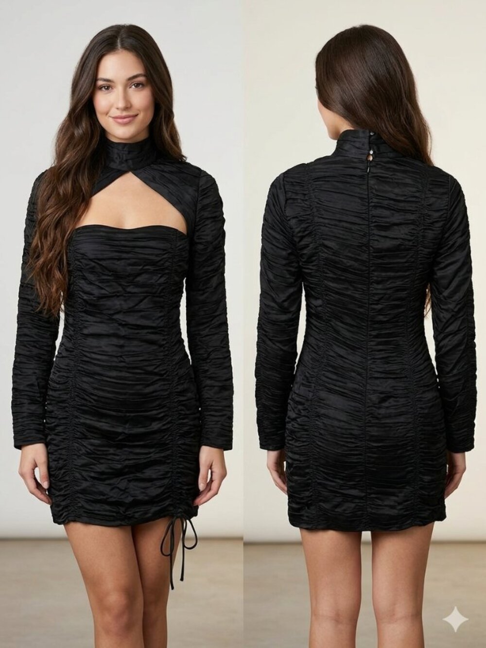 ZARA Black Ruched Cut-Out Mini Dress High Neck Long Sleeve Bodycon Size Medium